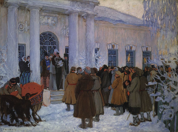 Худ. Б. Кустодиев "Чтение манифеста об отмене крепостного права" 1907г