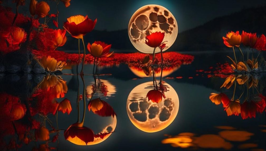 жёлтая луна отражается в озере с красными цветами _Kandinsky 2.1