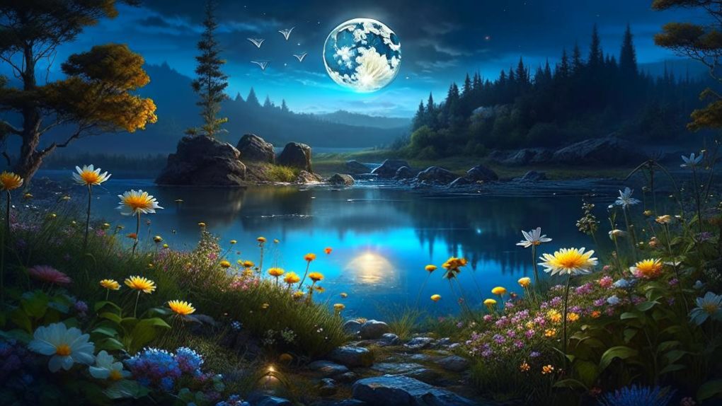 Луна светит над озером с цветами и бабочками
