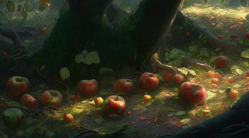 мелкие яблоки лежат на земле под деревьями в саду_Kandinsky 2.1