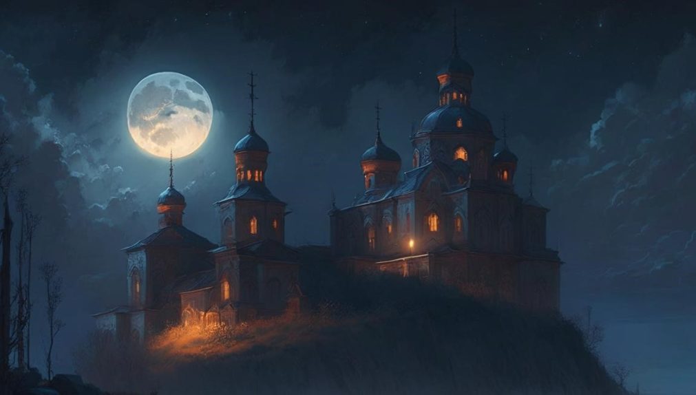 Православный скит на фоне вечернего неба с яркой луной _Kandinsky 2.1
