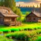 Русская деревня поле избы солнце река