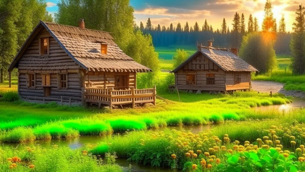 Русская деревня поле избы солнце река