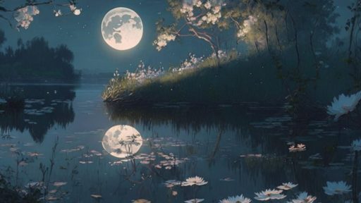 Луна сияет над озером, окружённом деревьями и цветами_Kandinsky 2.1