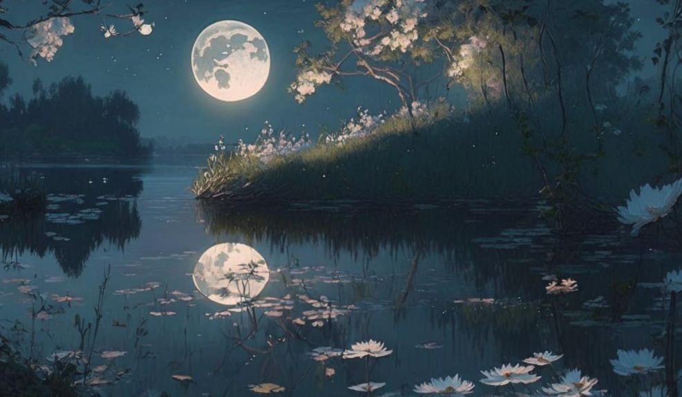 Луна сияет над озером, окружённом деревьями и цветами_Kandinsky 2.1