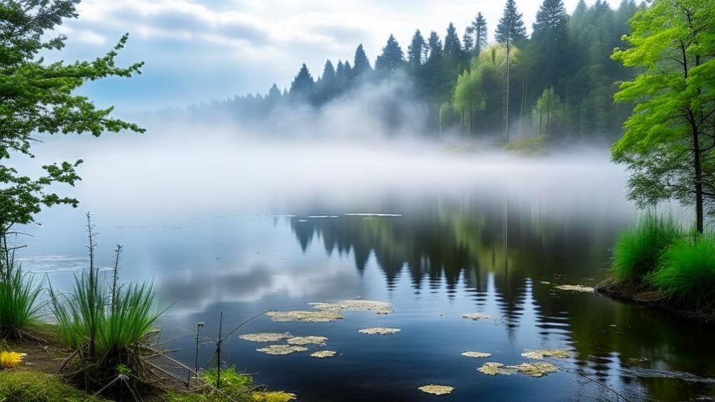 Туман над лесным озером