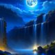 Водопад на фоне ночного неба и Луны