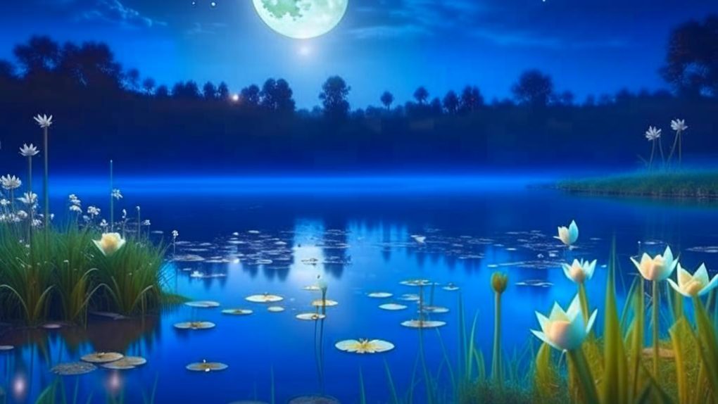 Белая Луна над лесным озером, вокруг растут синие лилии, летают бабочки и плещется рыба (2)