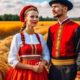 Женщина с красной лентой и мужчина в русских народных костюмах стоят на пшеничном поле