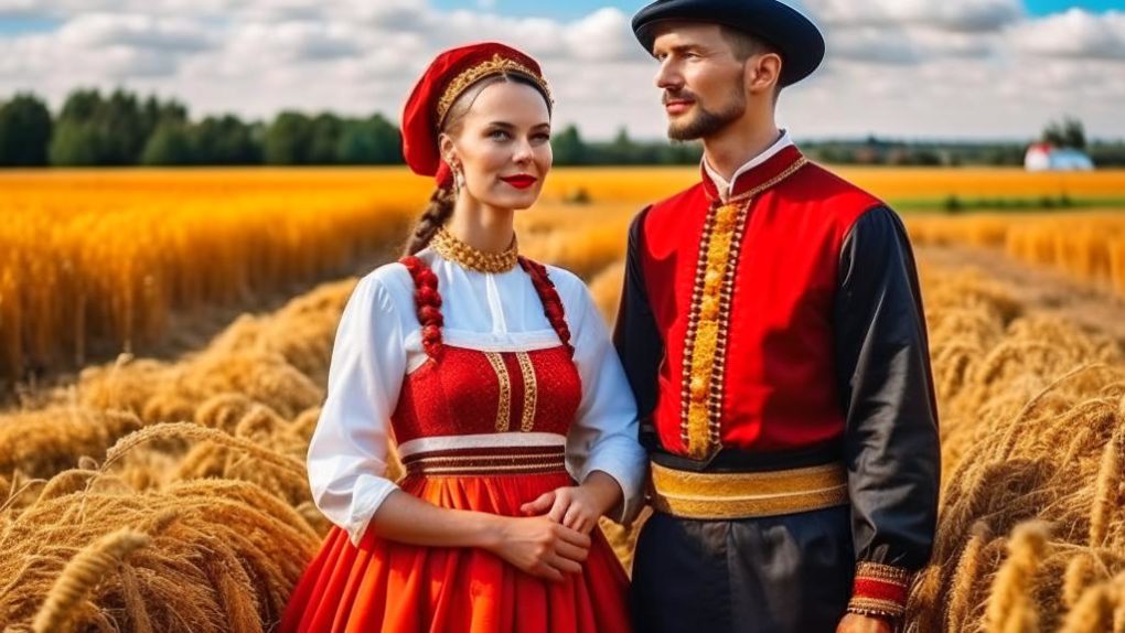 Женщина с красной лентой и мужчина в русских народных костюмах стоят на пшеничном поле Женщина с красной лентой и мужчина в русских народных костюмах стоят на пшеничном поле
