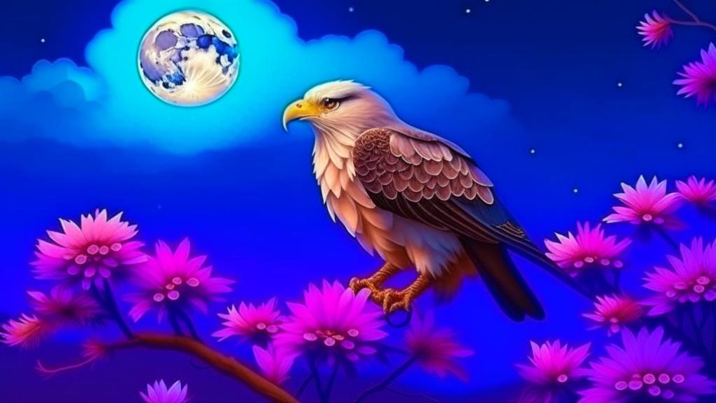 Орёл сидит на ветке на фоне ночного неба и Луны растут лиловые цветы
