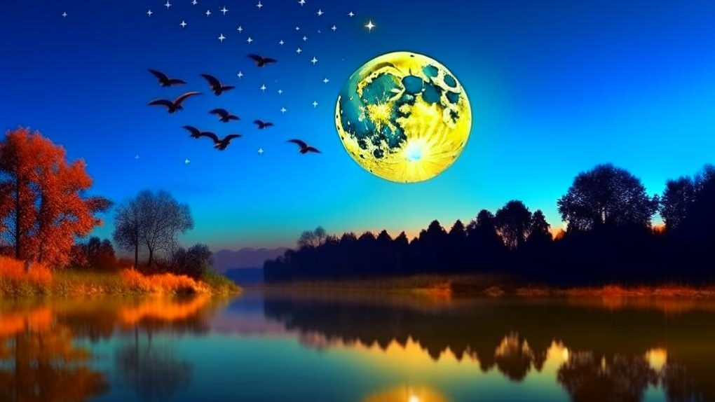 Полная луна светит над озером летают бабочки и птицы