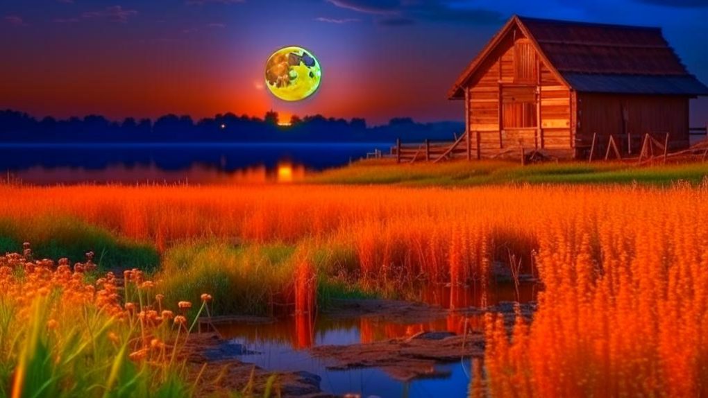 Полная золотая Луна светит над полем, засеянном рожью, вдалеке стоит деревенская изба, течёт река, летают стрекозы
