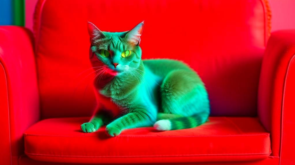 Зелёная кошка на красном диване Зелёная кошка на красном диване