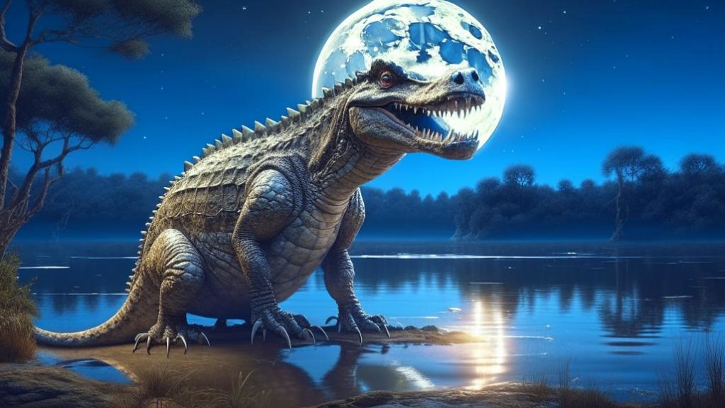 Крокодил на фоне большой полной белой Луны рядом с озером