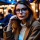 Успешная стильная девушка в очках вечером сидит в кафе на улице Парижа