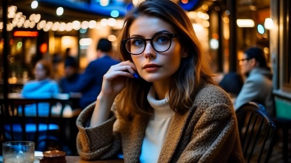 Успешная стильная девушка в очках вечером сидит в кафе на улице Парижа Успешная стильная девушка в очках вечером сидит в кафе на улице Парижа