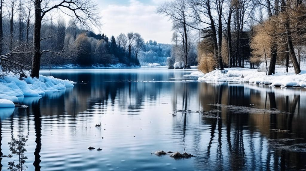 зима, лес, озеро