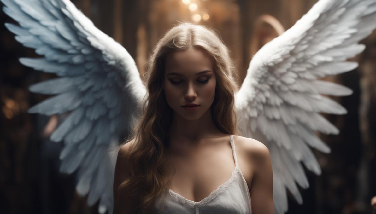 Ангел укрывает красивую девушку своими крыльями
