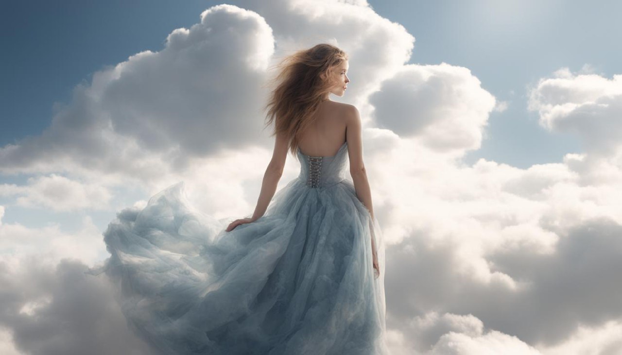 Девушка красивая идет в облаках