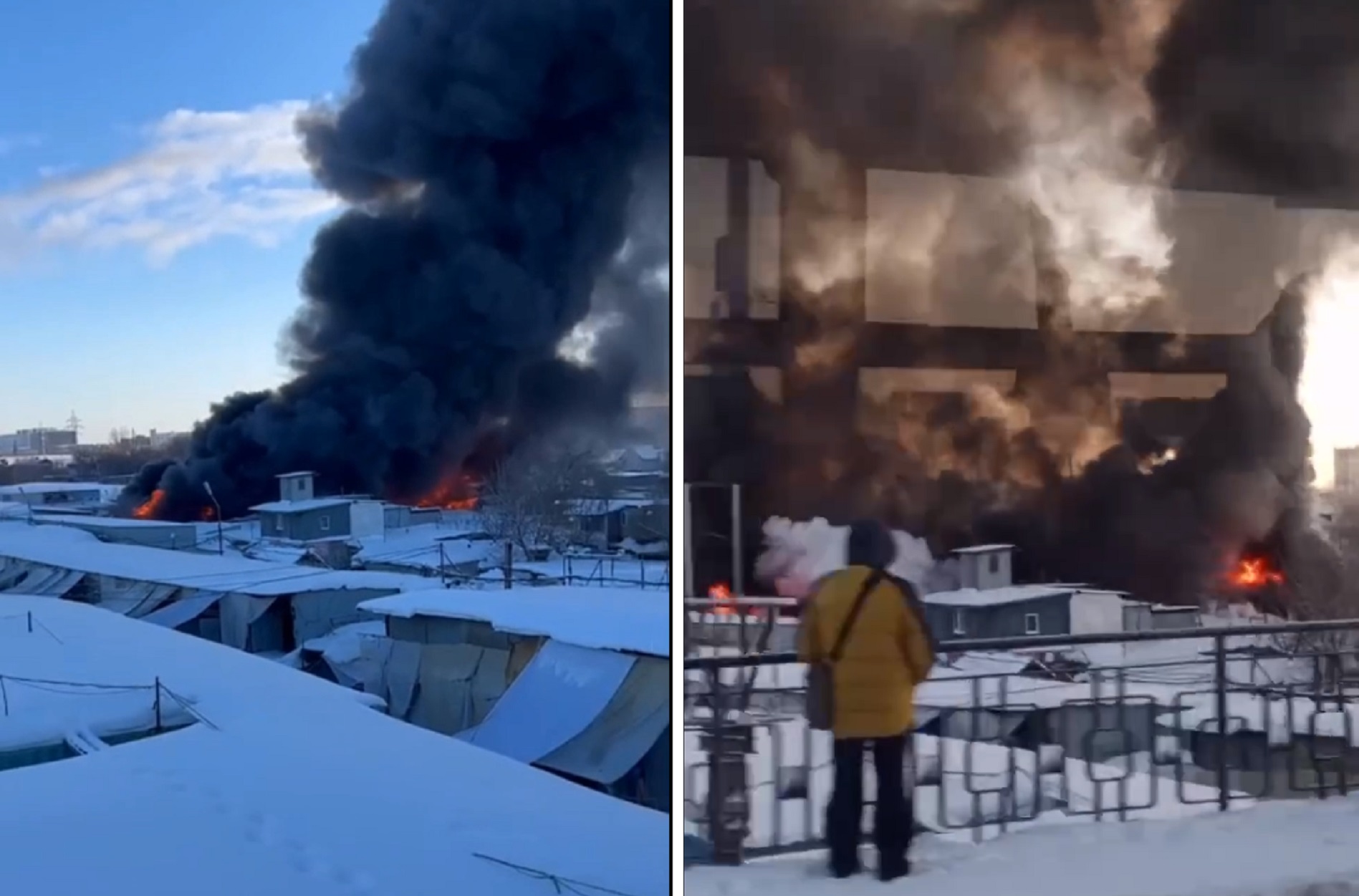 Пожарный поезд тушит большой пожар рынка в Самаре - видео