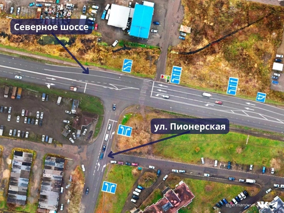 Перекресток Северное-Пионерская. Справа будет дополнительная полоса Перекресток Северное-Пионерская. Справа будет дополнительная полоса