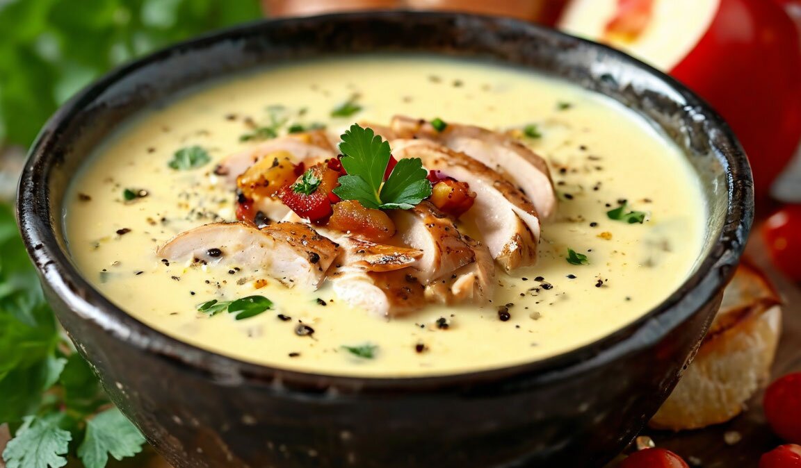 основное блюдо сырный суп с копченой курицей