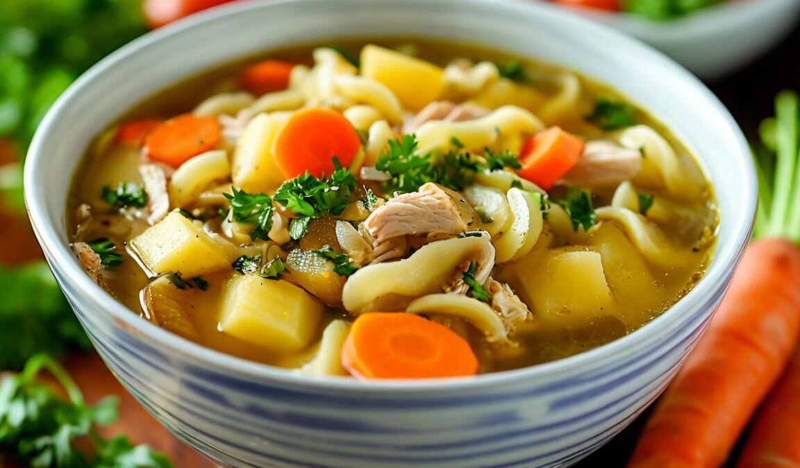 первое блюдо суп с курицей лапшой и картофелем