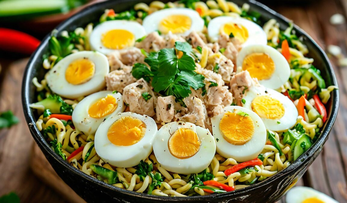 салат из лапши быстрого приготовления с курицей яйцом и огурцами