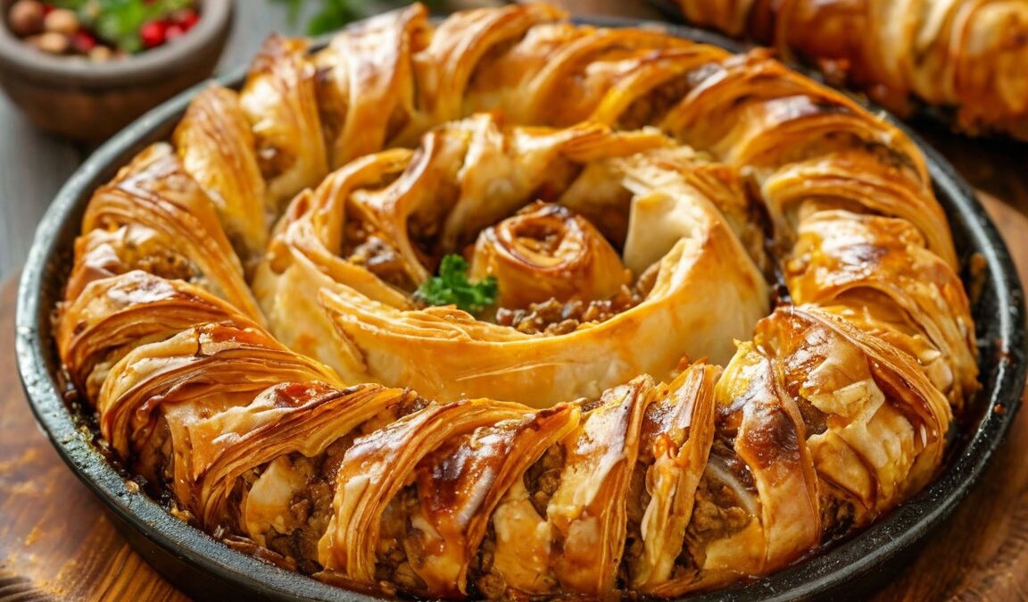 выпечка пирог с куриной печенью из лаваша, свернутый спиралью