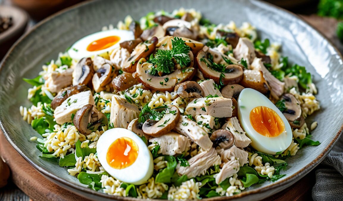 мясной салат салат с курицей, грибами и яйцами