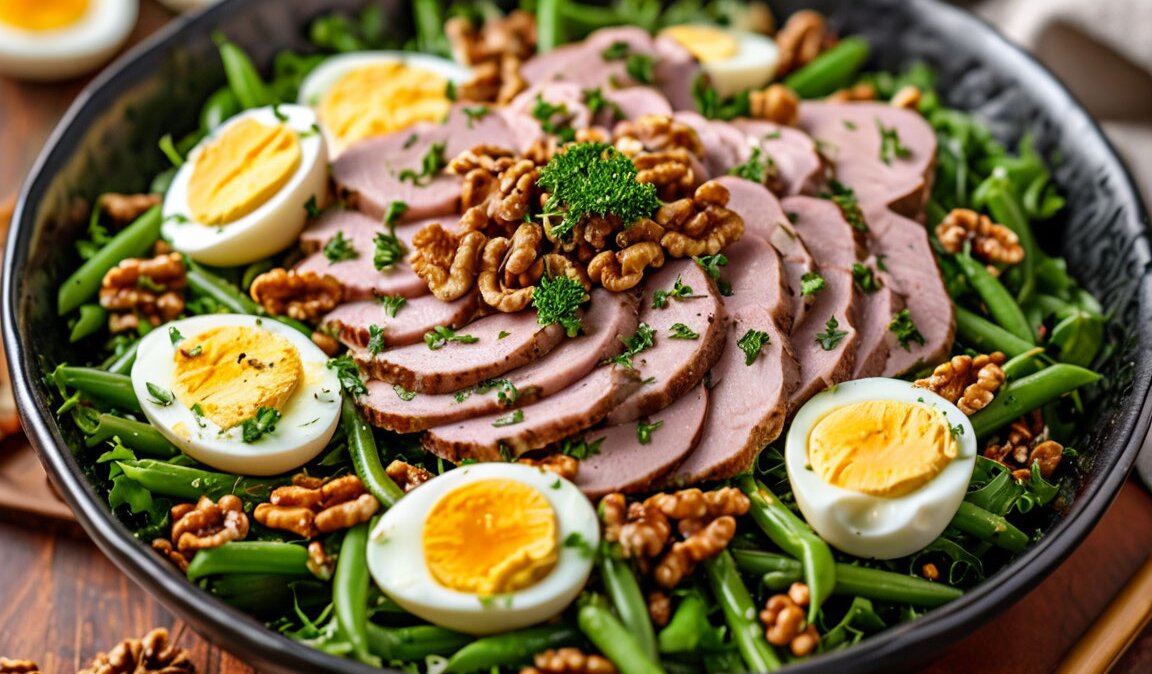 закуска салат с языком, стручковой фасолью, яйцами и орехами