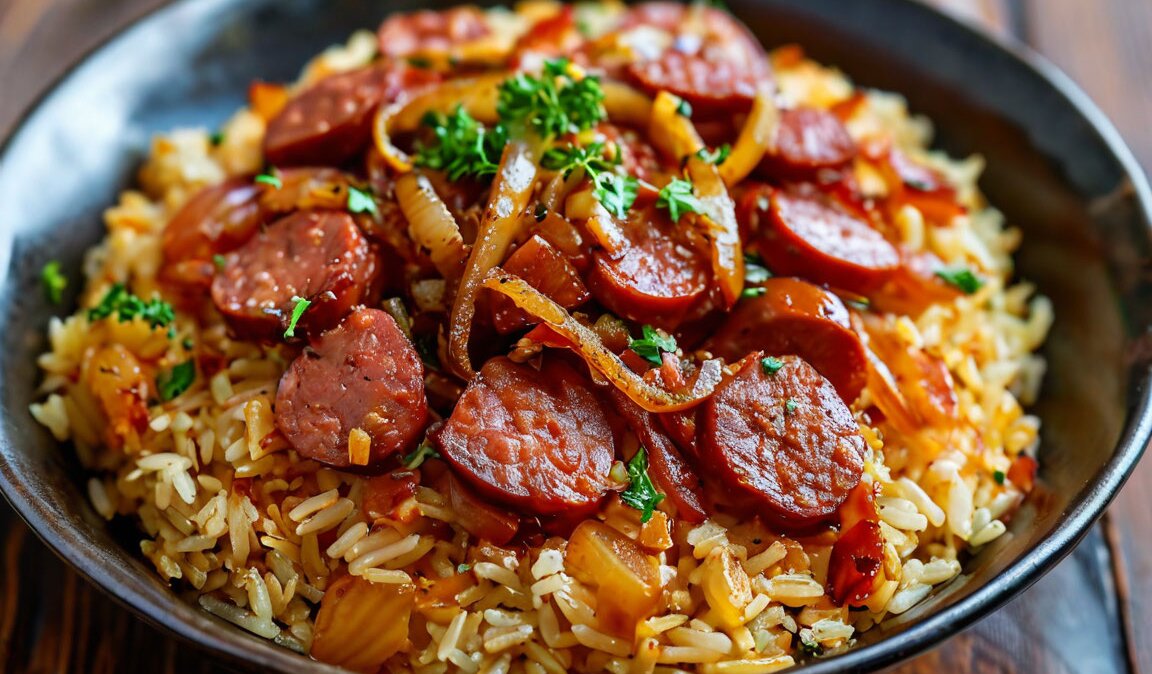 обжаренные сосиски с рисом и луком