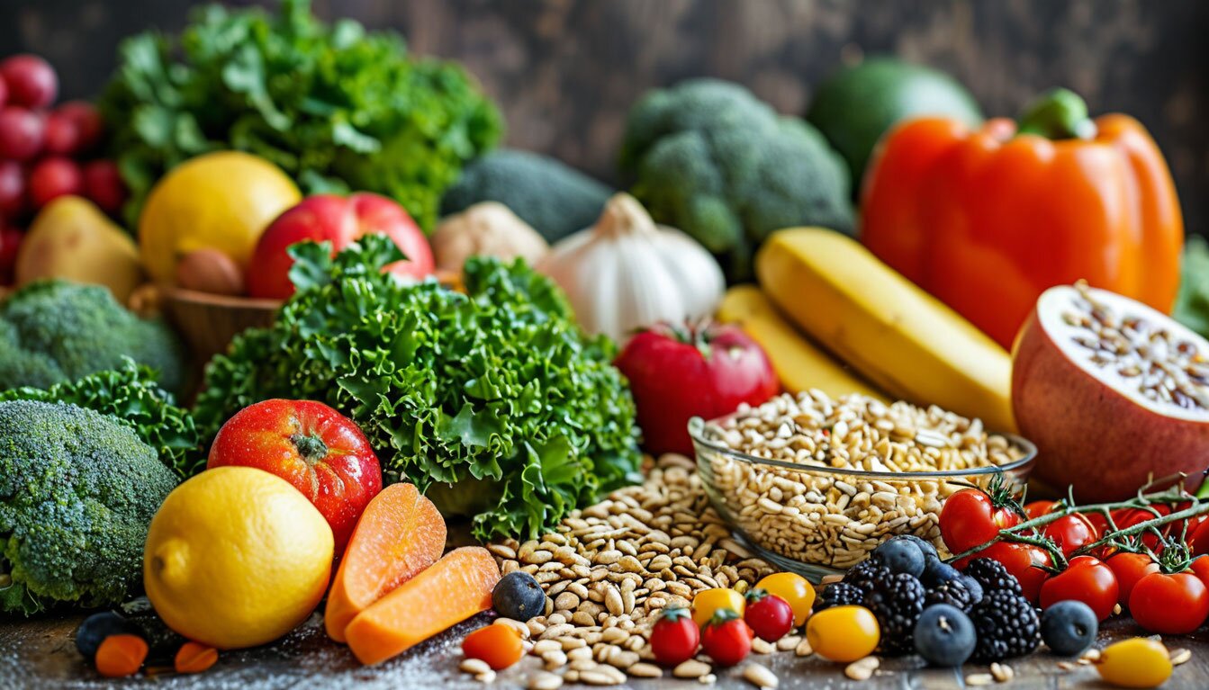 постные продукты овощи и крупы лежат на столе