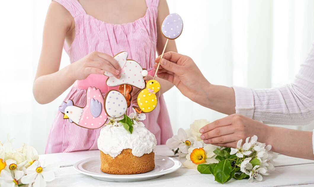 мама и дочь украшают куличи