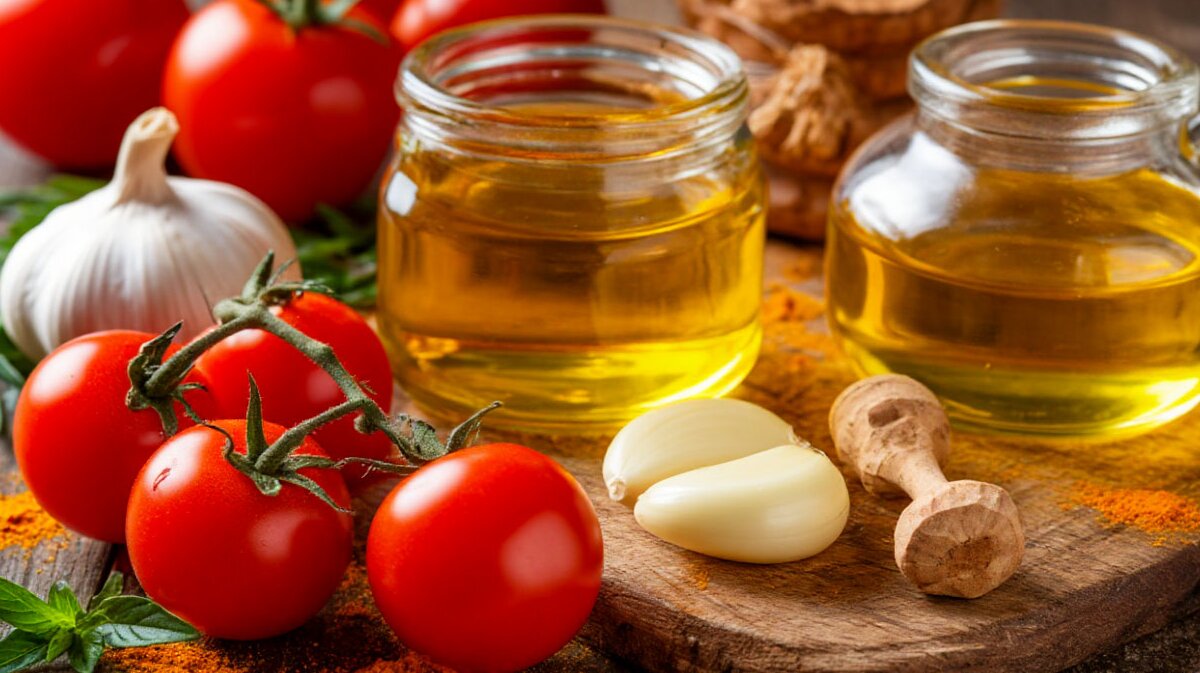 полезные продукты помидоры, оливковое масло и чеснок на столе