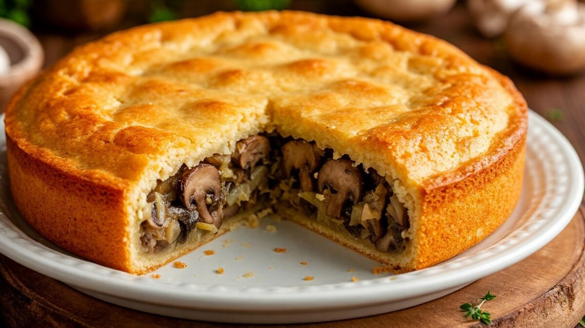 выпечка заливной пирог с капустой, грибами и фаршемй