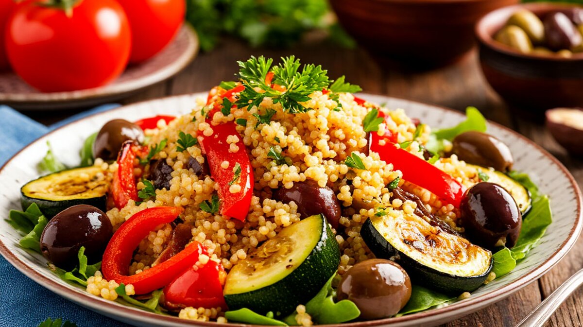 полезное блюдо салат с кускусом и овощами гриль